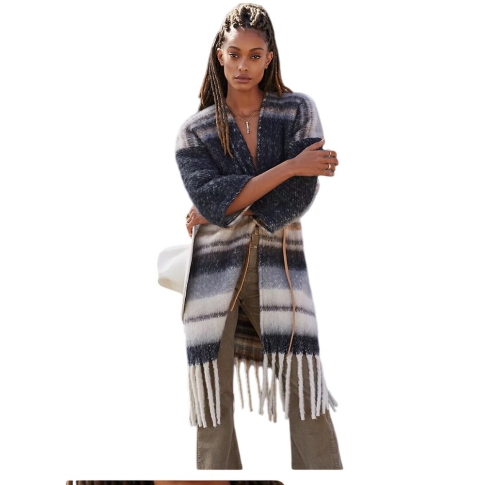 Anthropologie Striped Knit Kimono Open Front Sweater Blanket‎ Coat Fringe Hem OS